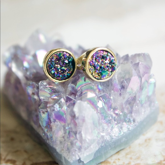 Rainbow Colored Gold Plated Druzy Stud Ear… - Picture 4 of 4